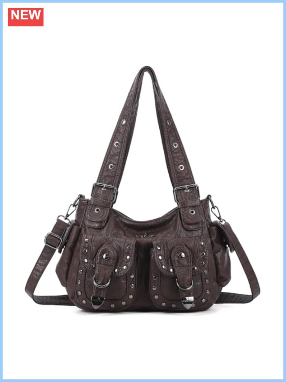 Vegan Leather Hobo Bag Multi Pocket Studded Shoulder Tote Crossbody